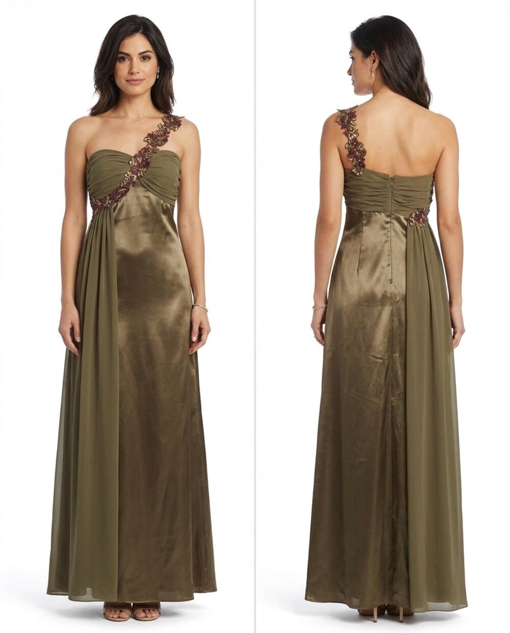 Betsy & Adam By Linda Bernell One Shoulder Beaded Maxi Gown Dress Size 6